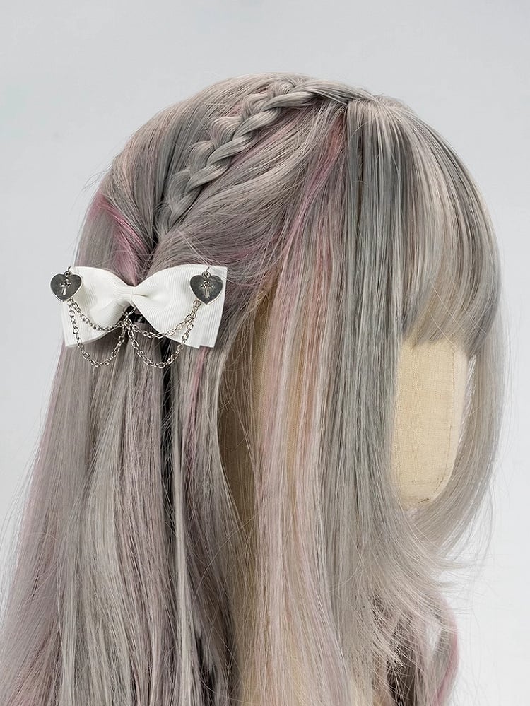 Black/Dusty Pink/White Gothic Cross Hearts Jirai Kei Bowknot Hairclips with Chains