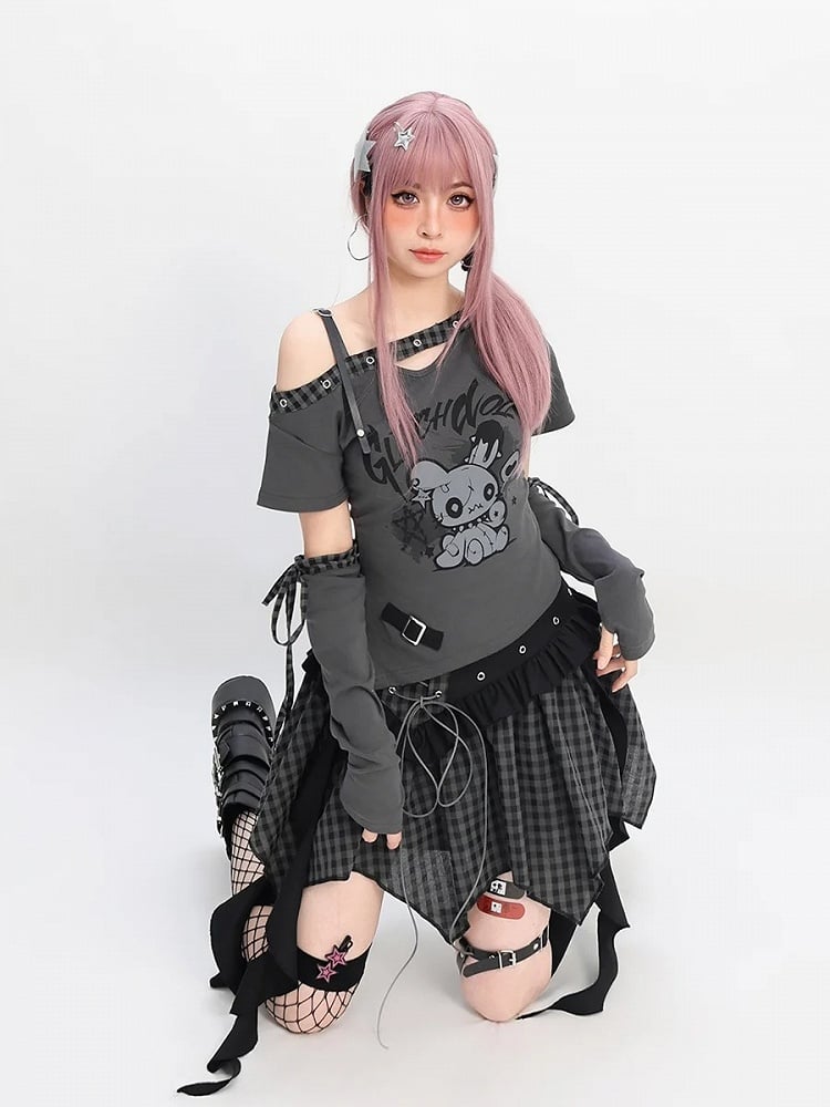 Red/Black Asymmetrical Neckline Bunny Print Y2K T-Shirt with Free Armwear