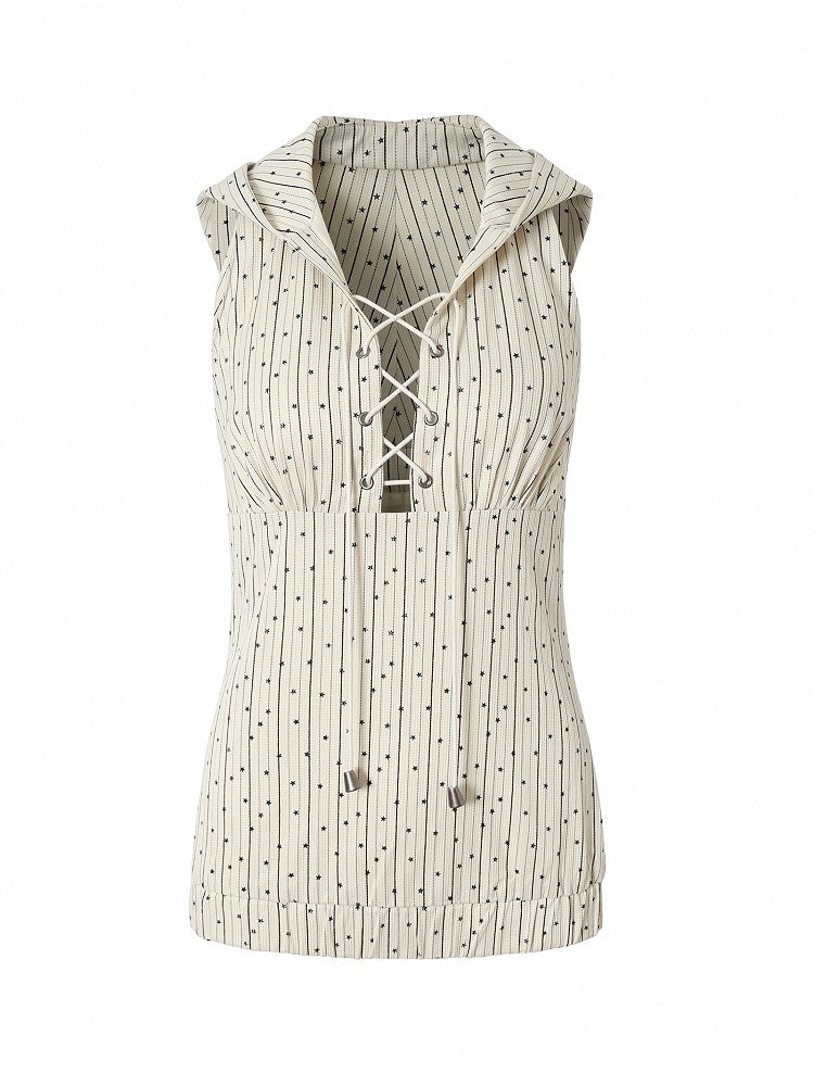 White Striped Pattern Star Print Lace-up Detail Hoodie Sleeveless Top