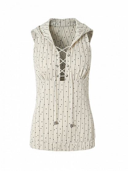 White Striped Pattern Star Print Lace-up Detail Hoodie Sleeveless Top