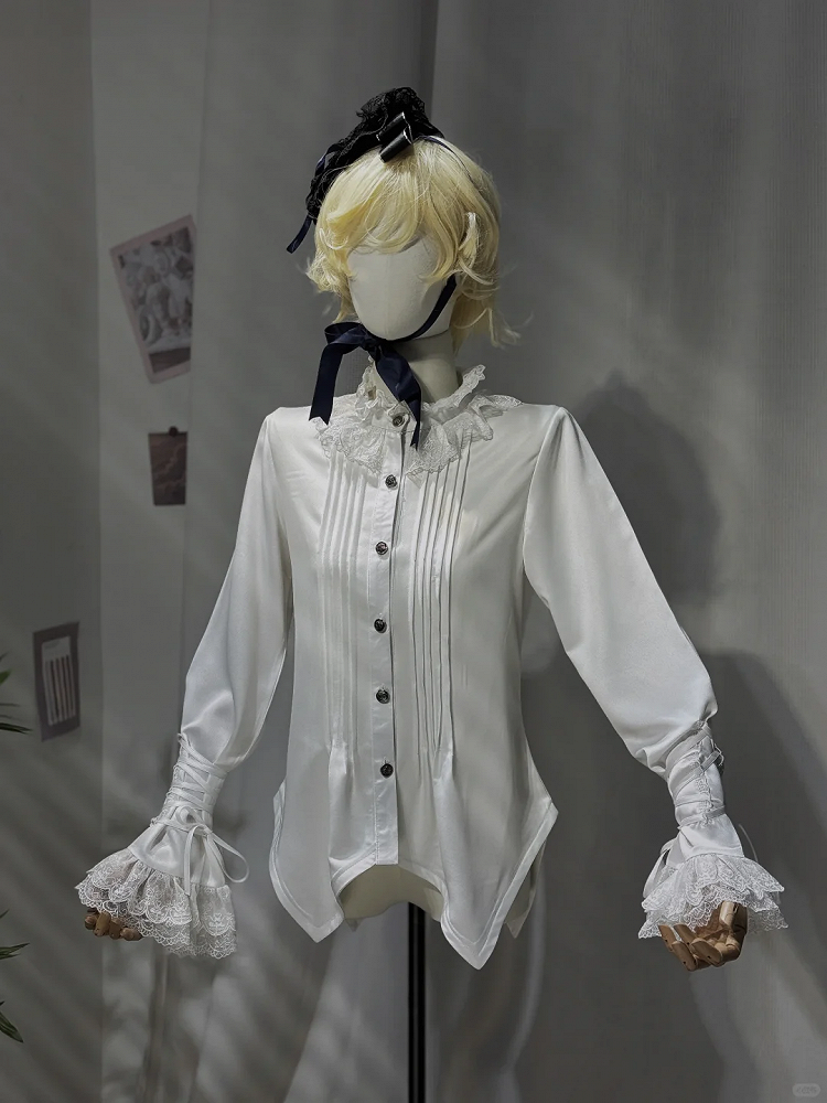 White Ouji Lolita Ruffle Neckline Prince Style Long Sleeves Shirt