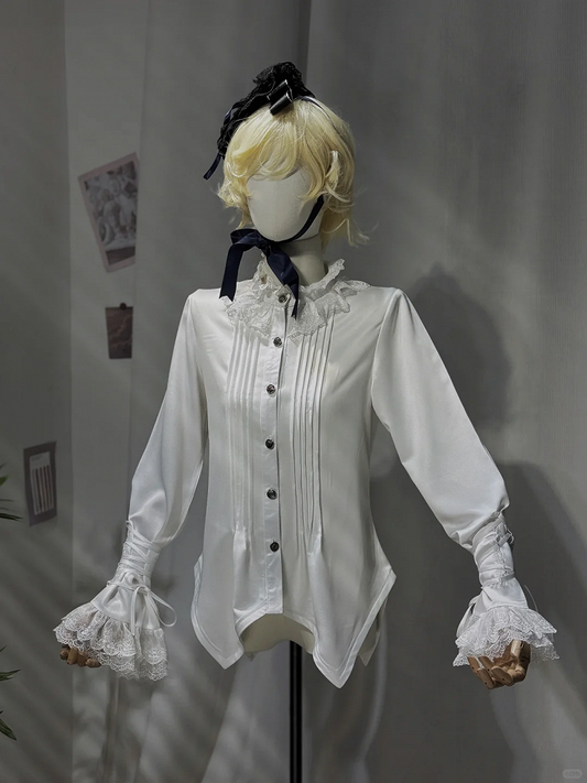 White Ouji Lolita Ruffle Neckline Prince Style Long Sleeves Shirt