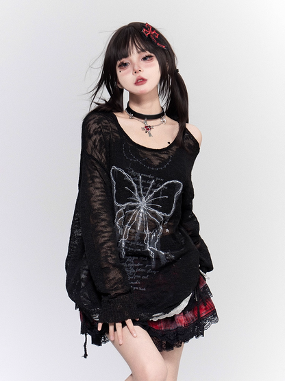 Butterfly Print Cutout Shoulder White/Black/Apricot Semi-sheer Coverup