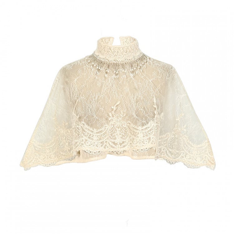 Light Cream Bead Tassels High Collar Victorian Lace Shawl Cape