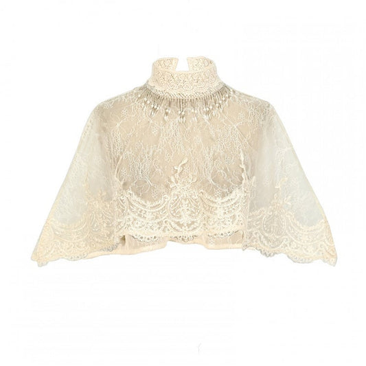 Light Cream Bead Tassels High Collar Victorian Lace Shawl Cape