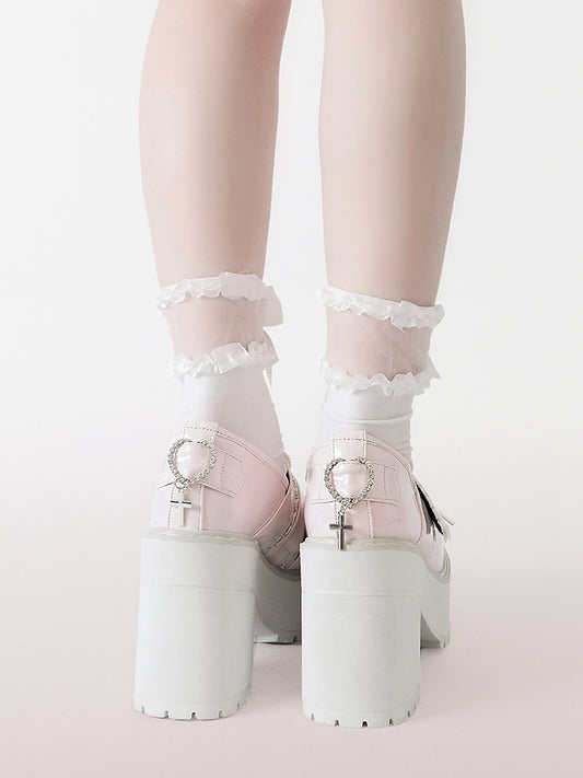 Cross and Rhinestoned Heart Buckles Pink Jirai Kei Platform Loafers