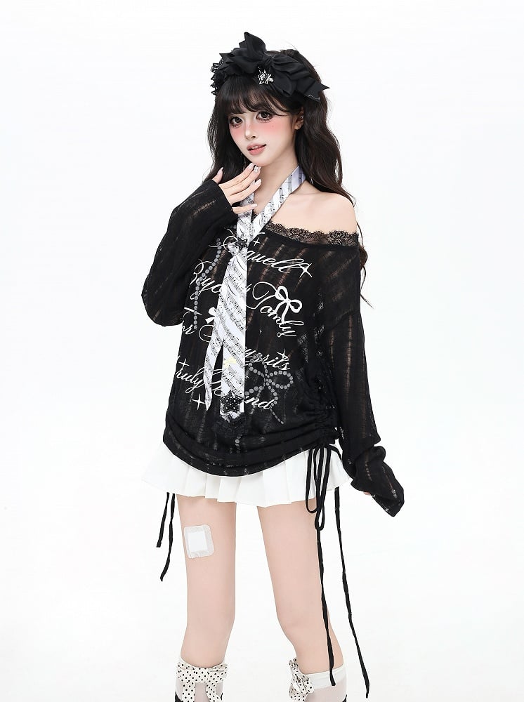 Black/White Asymmetrical Neckline Bow Print Distressed Holes Coverup