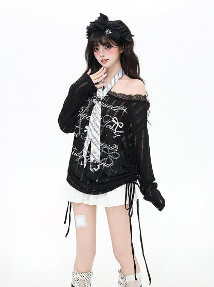 Black/White Asymmetrical Neckline Bow Print Distressed Holes Coverup
