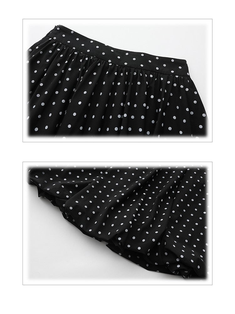 Plus Size Black Below-Knee Skirt with White Polka Dots & Side Zipper