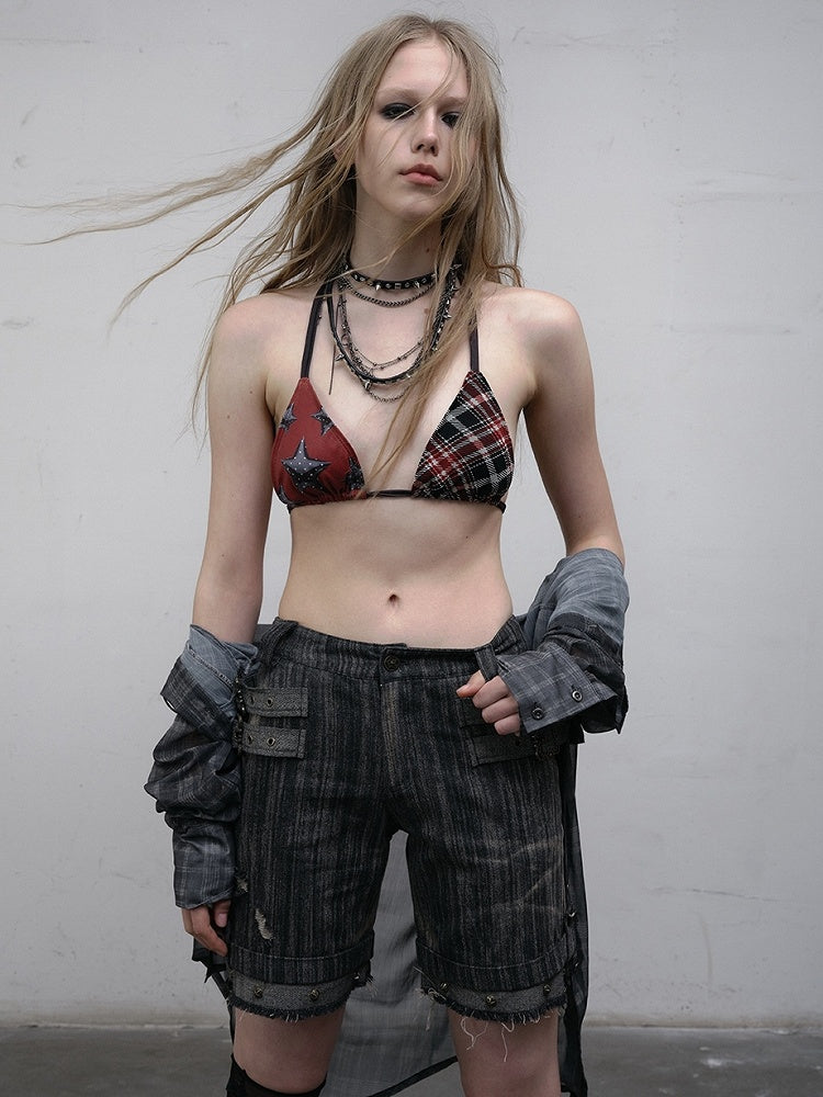 Black Wasteland Punk Studs Decorated Buckle Details Faded Wash Shorts