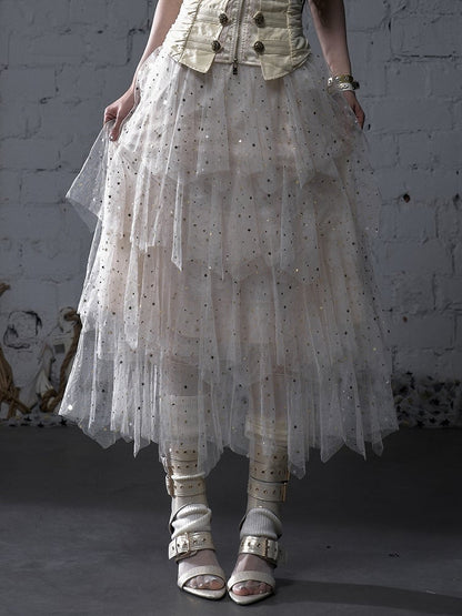 Black/White/Apricot Elastic Waist Sequin Details Tiered Mesh Skirt