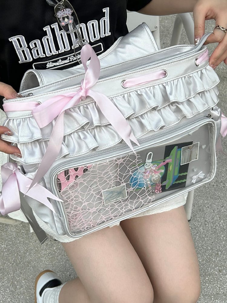 Silver Ruffle Trim Bow Accents Balletcore Ita Backpack