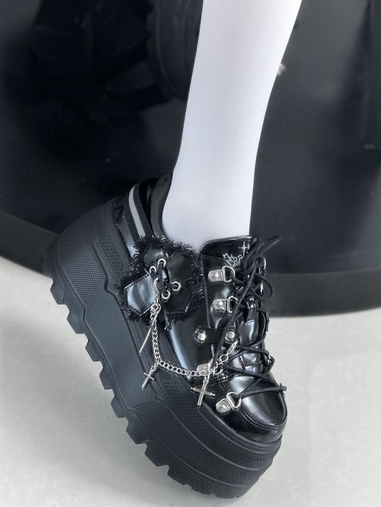 Black Punk Front Lace-up Ties Design Platform Shoes With Detachable Cross Charm Chain