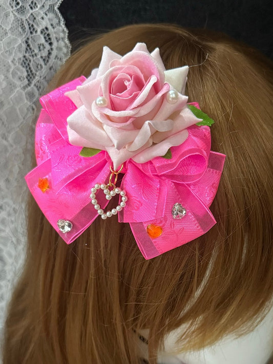 Rose Red Heart Details Floral Design Bowknot Hairclip