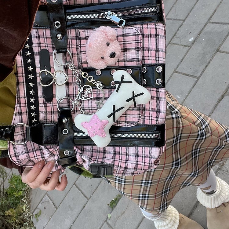 Black & Pink Plaid Y2K Shoulder Bag with Puppy and Bone Plushie
