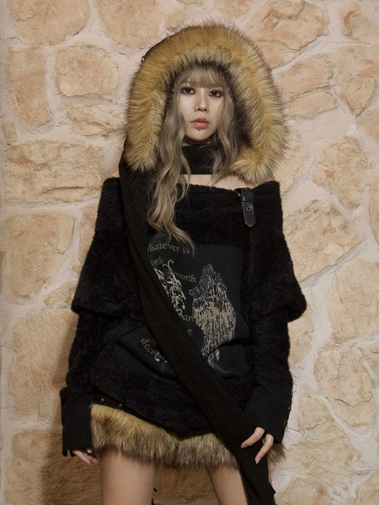 Black Off-Shoulder Punk Wing Print Knit Top with Batwing Sleeves & Buckle Strap