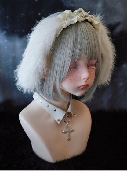 White Handmade Studs Detail Plush Bunny Ear Ruffled KC