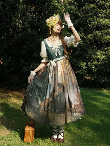 Dark Green Square Neckline Forest Print Elegant Classic Lolita Dress with Bow Detail