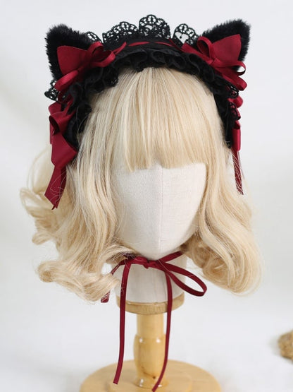 5 Colors Sweet Lolita Bowknot Lace Hairband with Detachable Plush Kitty Ears