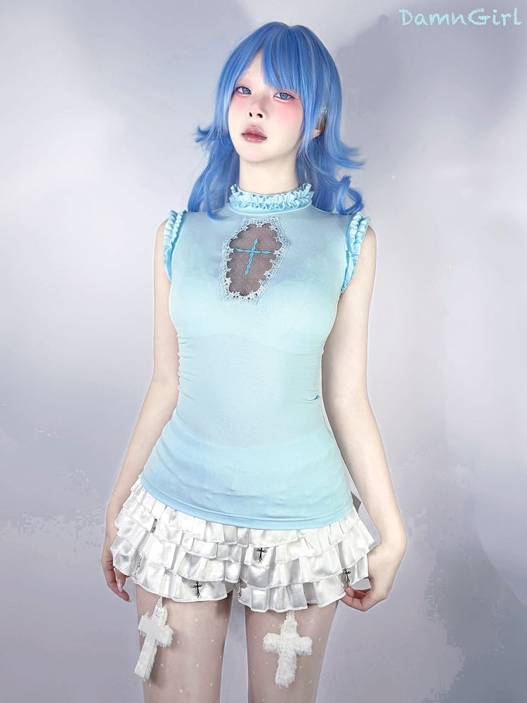 Light Blue Mock Neck Coffin-Shaped Cutout Pastel Goth Sleeveless Top