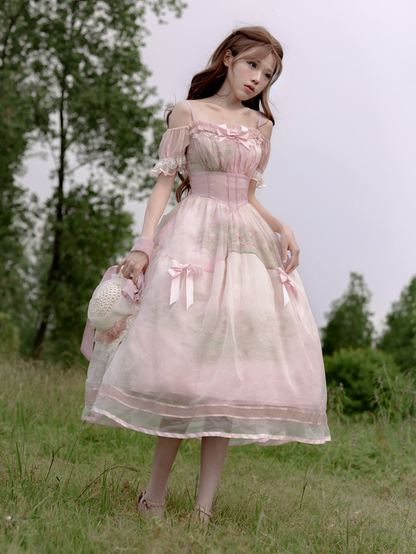 Oil Painting Water Lily Print Basque Waist Light Pink Dress with Organza Overlay