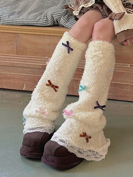 White/Purple/Camel/Light Grey Sweet Bowknot Lace Trim Leg Warmers
