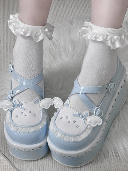Tenshi Kaiwai Blue Round Toe Kitty Angel Heart Buckle Platform Lolita Shoes