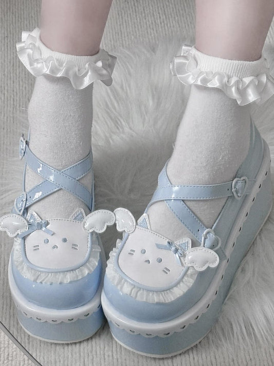 Tenshi Kaiwai Blue Round Toe Kitty Angel Heart Buckle Platform Lolita Shoes