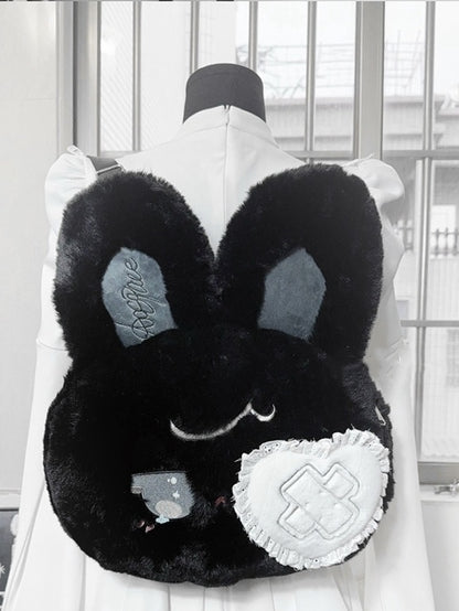 Kawaii Black / White Plush Bunny Backpack with Bendable Ears & Heart Eye Patch Design