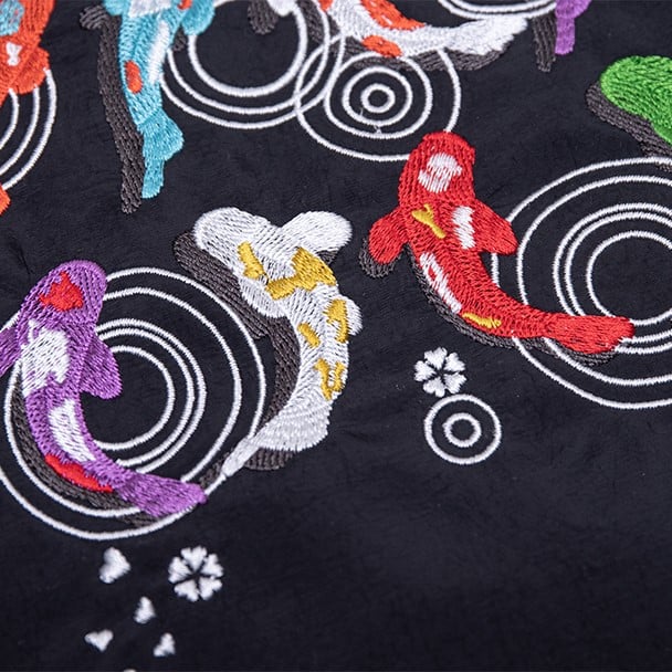 Trendy Black Lucky Koi Embroidery Tote Bag With Zipper Closure And Drawstring Strap