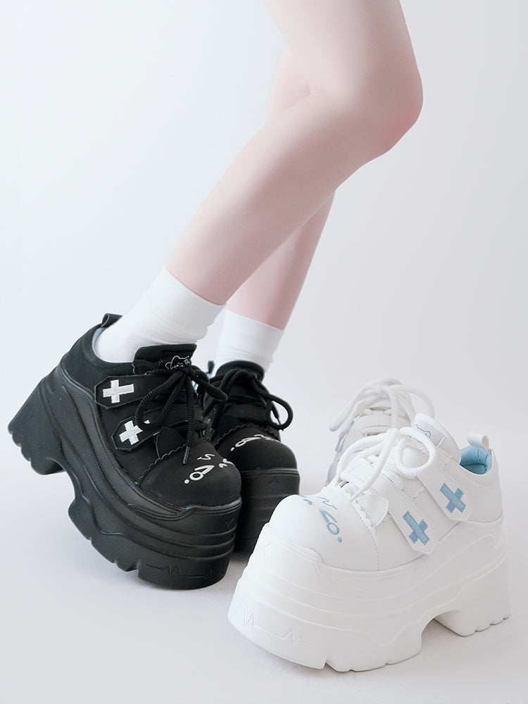 Yami Kawaii Matte Black Cross Velcro Strap Kitty Ears Design Platform Shoes