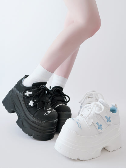 Yami Kawaii Matte Black Cross Velcro Strap Kitty Ears Design Platform Shoes