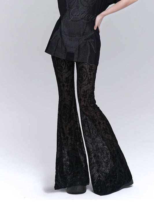 Gothic Black Lace Rosette Flared Pants