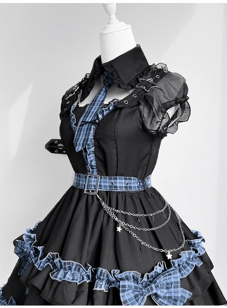 Black and Blue Plaid Cutout Shoulder Tiered Skirt Idol Lolita Dress Full Set