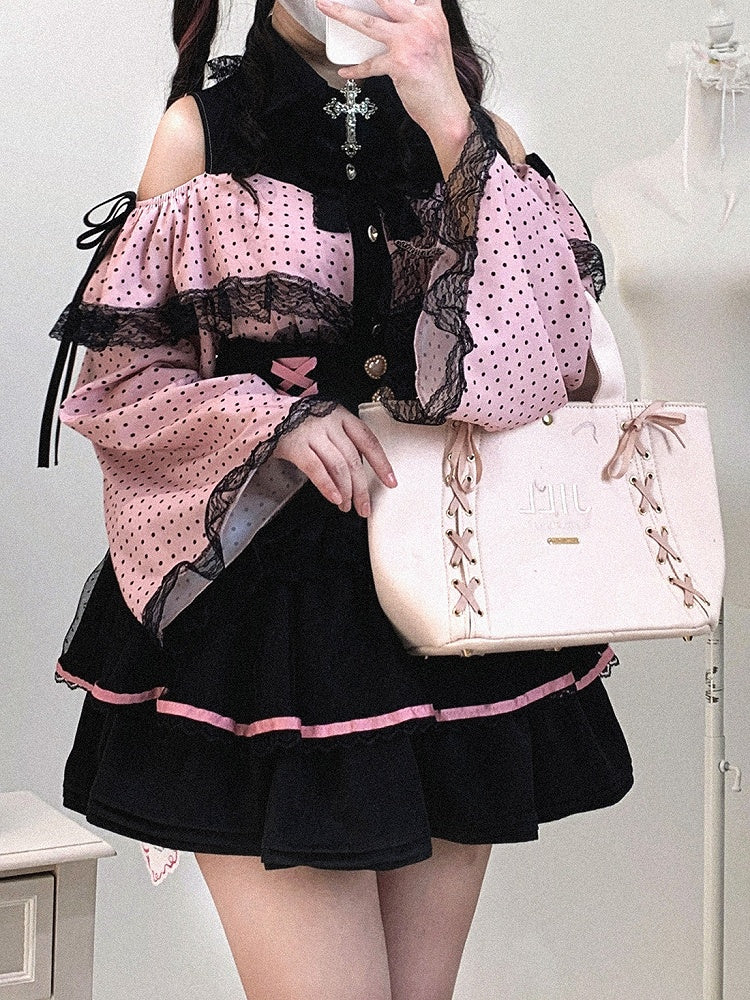 Jirai Kei White / Pink Polka-dot Blouse | Bell Sleeves, Cut-Out Shoulder with Drawstring & Heart Buttons