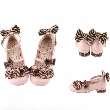 Pink&Brown Striped Pattern Bowknot Details Heart Buckle Lolita Shoes