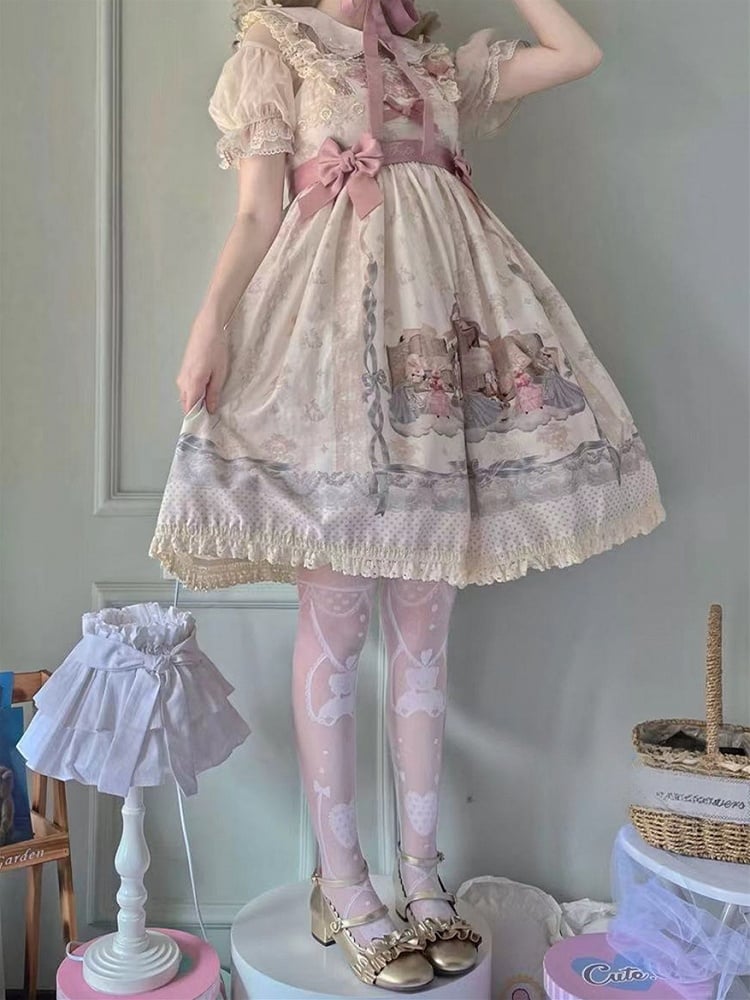 White/Black Teddy Bear and Heart Pattern Over Knee Stockings