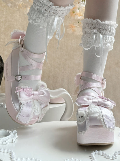 Platform Pink Mary Janes in Satin with Plush Teddy Ears, Bow Decor & Heart Buckles
