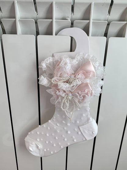 Yellow/Pink/Blue/Black Beaded Bowknot Lace Trim Polka-dot Pattern Ankle Socks