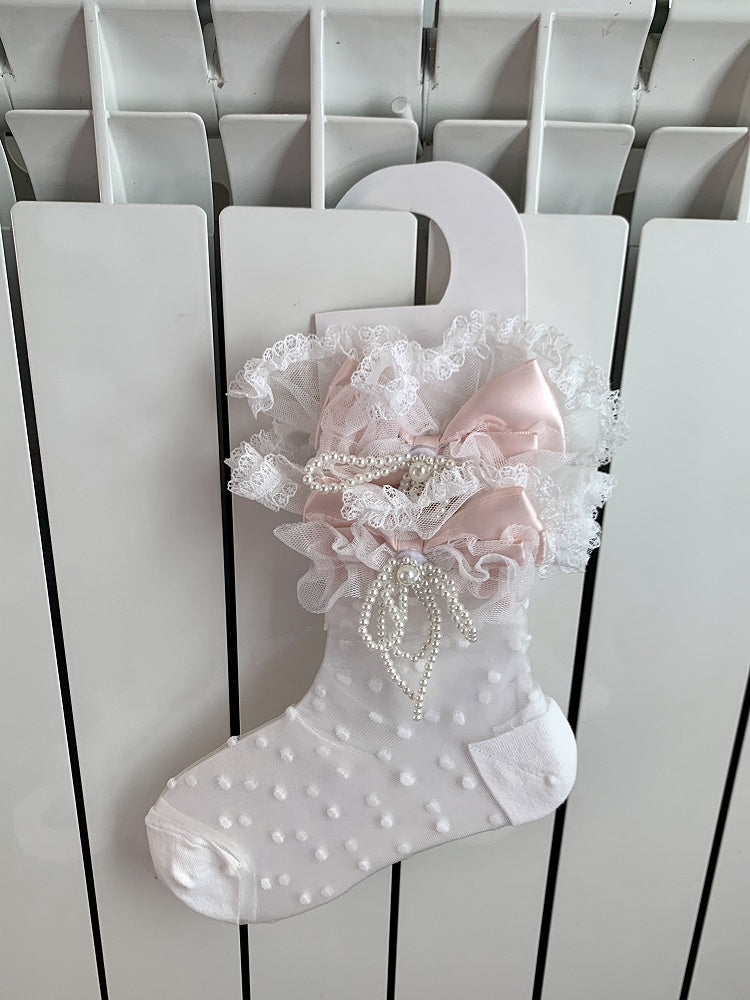 Yellow/Pink/Blue/Black Beaded Bowknot Lace Trim Polka-dot Pattern Ankle Socks