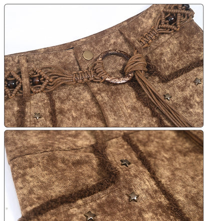 Sand Brown Wasteland Punk Denim Hot Shorts with Butterfly Garter and Tassel Belt