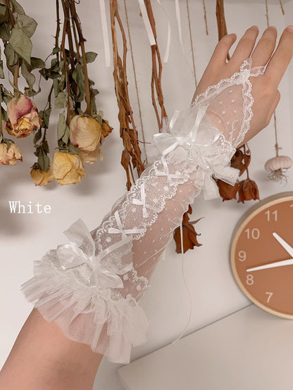 Beige/White/Pink/Black Bowknot Details Polka-dot Pattern Lace Wrist Cuffs