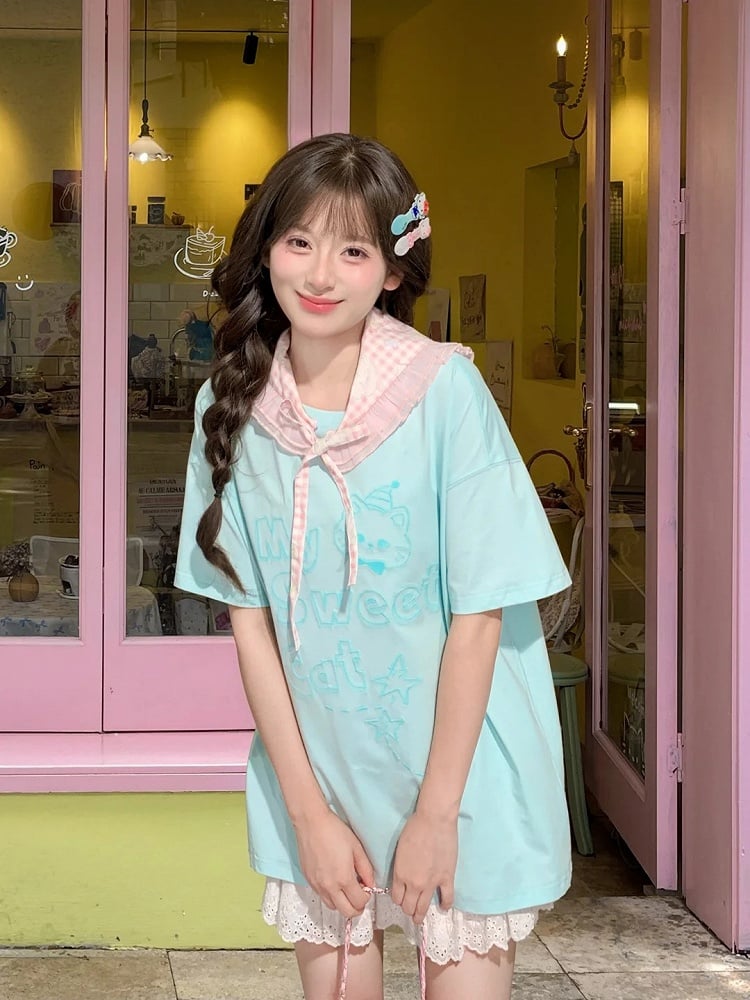 Pink/Mint Blue Round Neck Kitty Print Loose T-shirt with Kitty Plushie