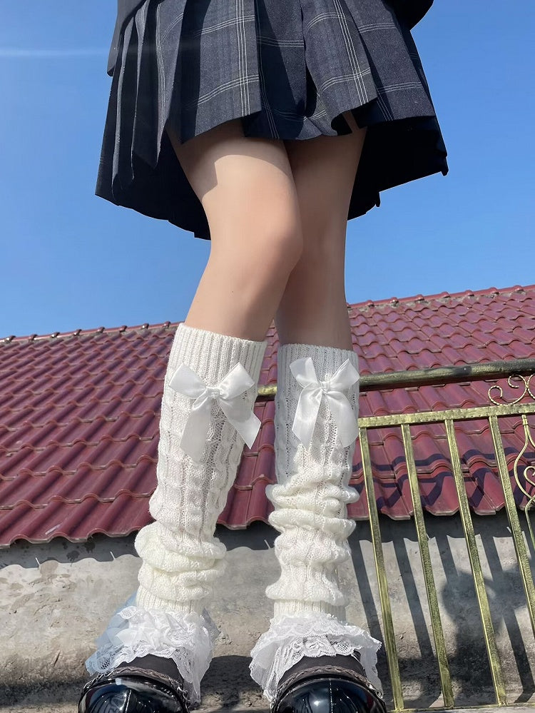 White/Black Ruffled Lace Cuff Bow Lolita Leg Warmers
