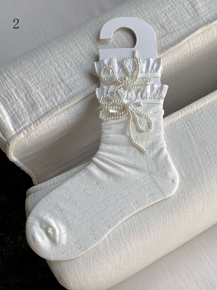 White Beaded Bowknot Decorated Lace Trim Socks