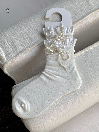 White Beaded Bowknot Decorated Lace Trim Socks