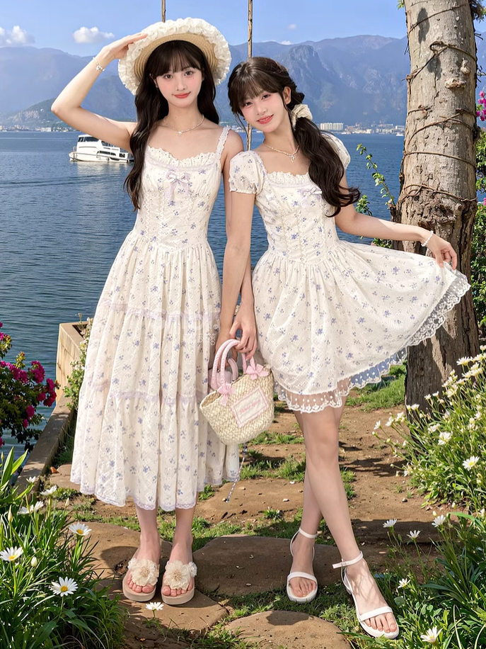 Beige Square Neckline and Short Puff Sleeves Mori Kei Floral Dress