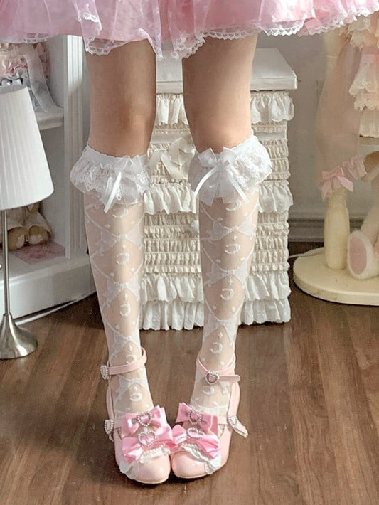 White Moon and Bowknots Pattern Lace Cuffs Sweet Lolita Underknee/Overknee Stockings