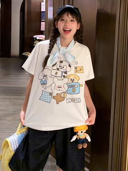 Adorable Animal Print White Round Neck Loose Cotton T-shirt