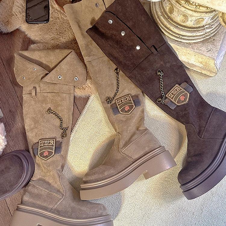 Khaki Chain and Embroidered Badge Platform Boots